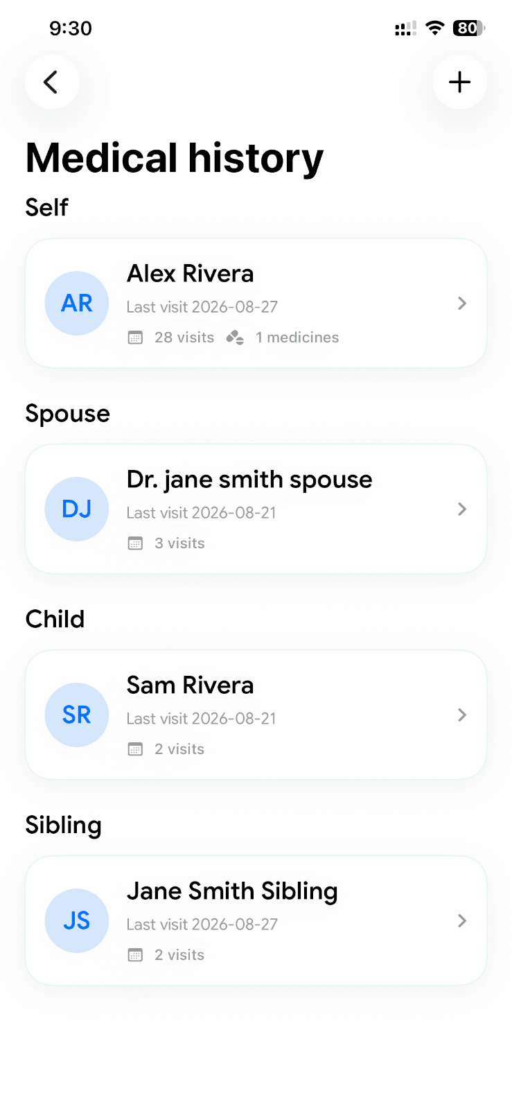 Current Doctor Buddy family and medical history screen