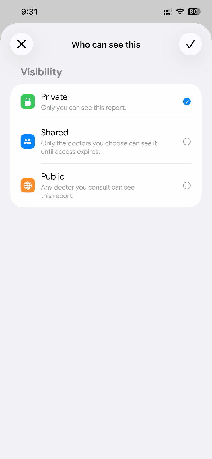Current Doctor Buddy per-report privacy controls